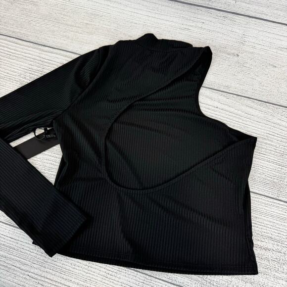 H:ours Women's Black Ribbed Mock Neck One Sleeve Cut Out Top Size Medium - Picture 7 of 7